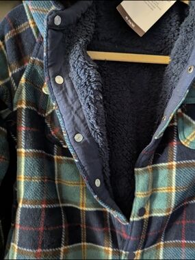 Plaid Sherpa-Lined Button Front Shacket - Teal, Navy, Mustard